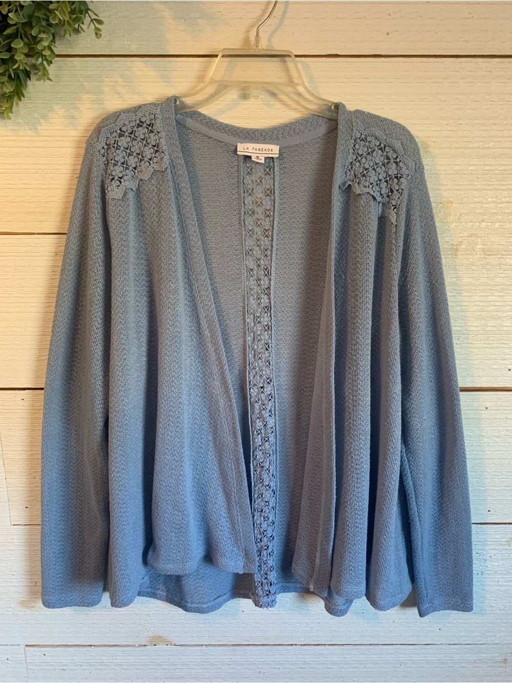 LA Threads Dusty Blue Open Crochet-Trim Cardigan. Size XL